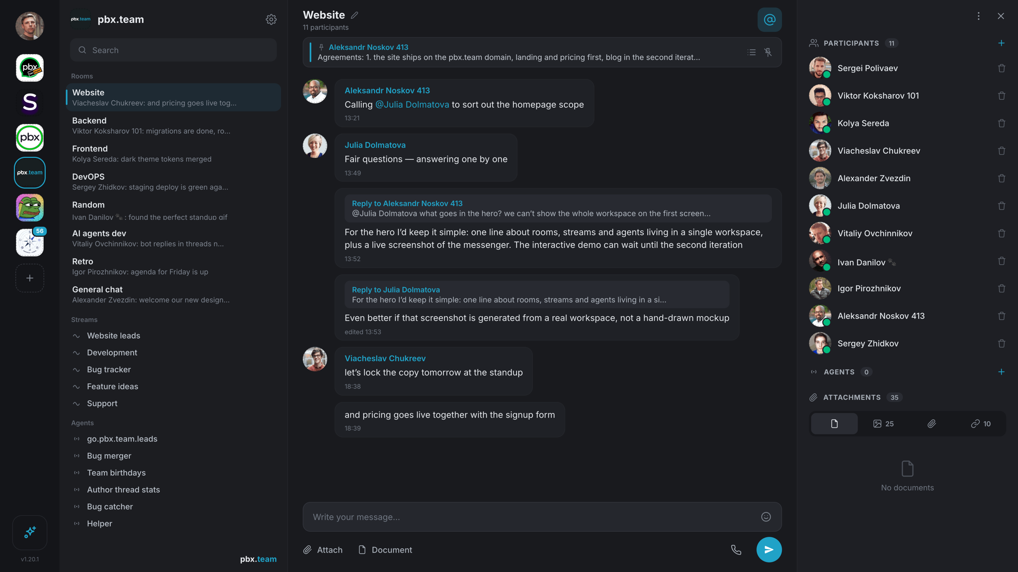 PBX Team interface: team chats, AI agents and built-in apps in one workspace