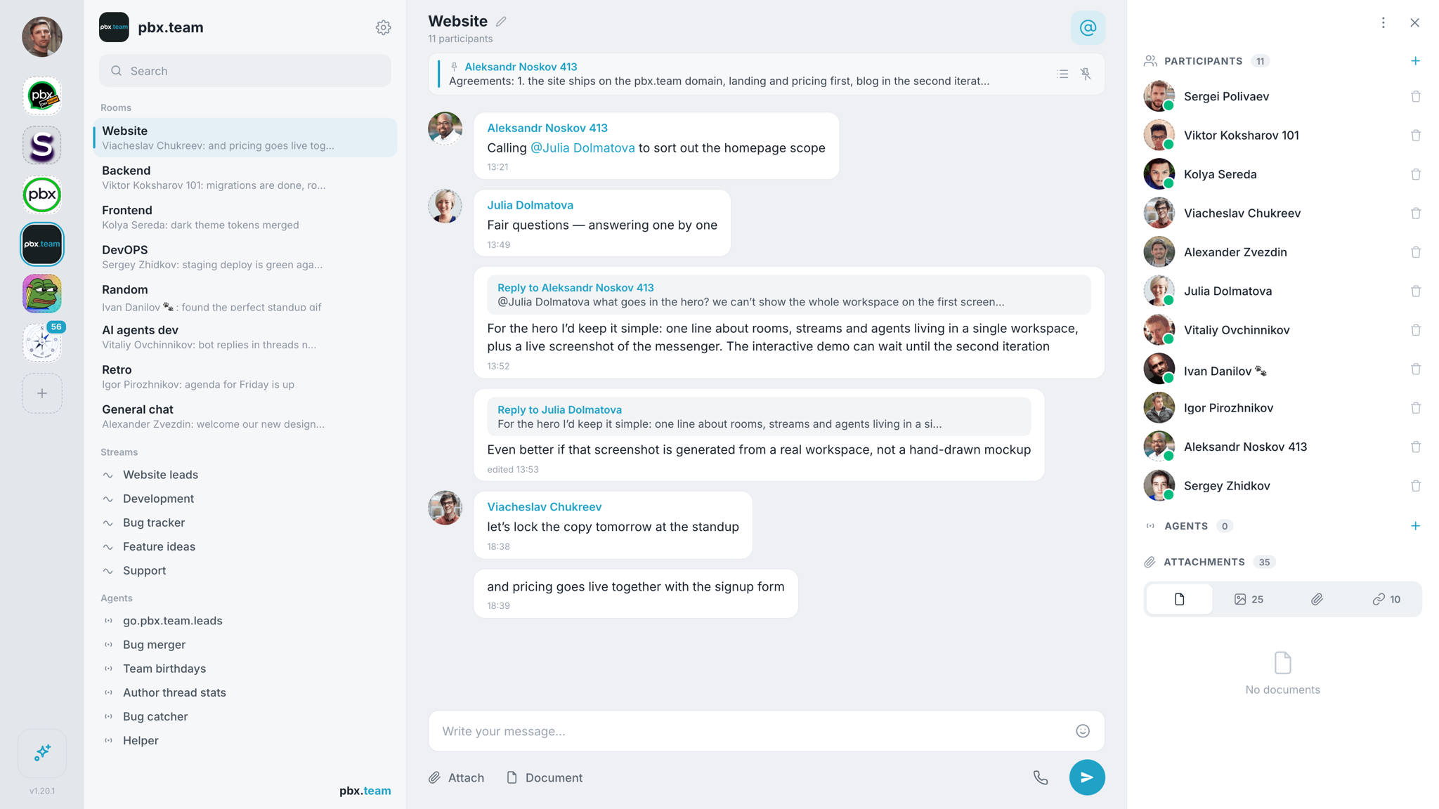 PBX Team interface: team chats, AI agents and built-in apps in one workspace